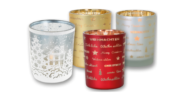 Weihnachtliche Windlichter, versch. Ausführungen, 1 VE =12 Stück